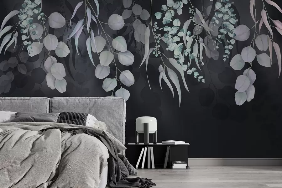 wall murals Тропско лишће на тамно плавој позадини, цветно w03752v2