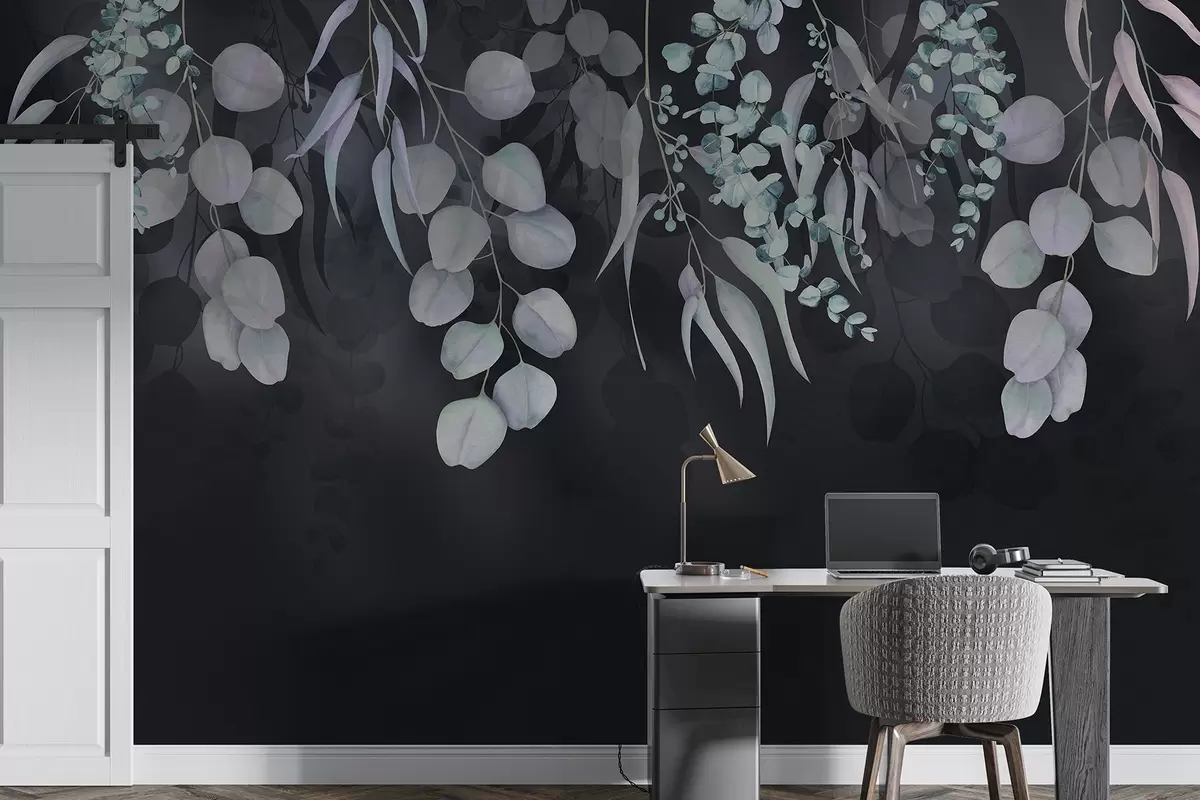 wall murals Тропско лишће на тамно плавој позадини, цветно w03752v2