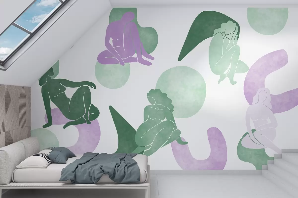 wall murals Геометријске апстракције са женским силуетама, бохо стил, љубичаста, зелена w03753v4