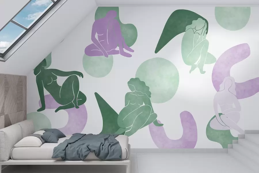 wall murals Геометријске апстракције са женским силуетама, бохо стил, љубичаста, зелена w03753v4