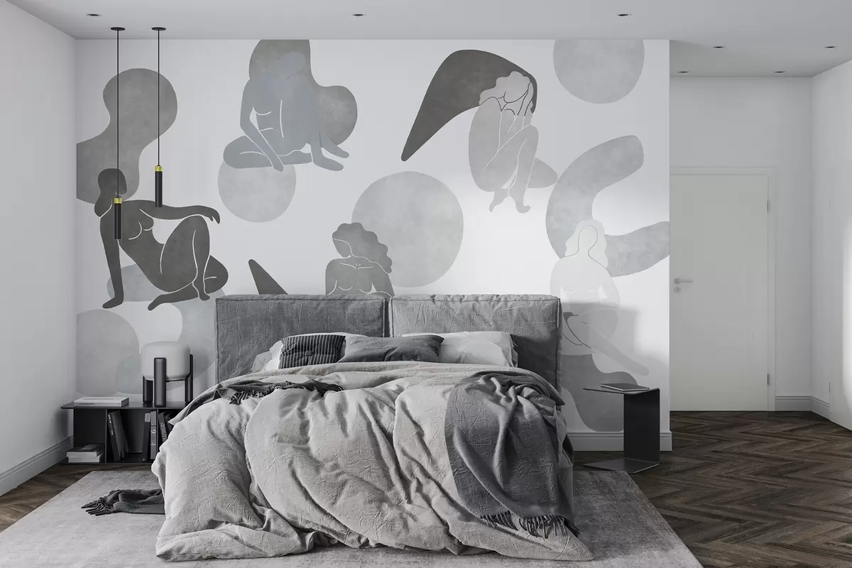 wall murals Геометријске апстракције са женским силуетама, бохо стил, сиве боје w03753v5