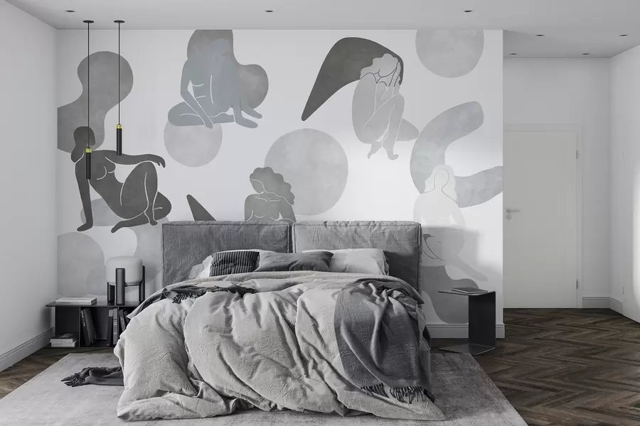 wall murals Геометријске апстракције са женским силуетама, бохо стил, сиве боје w03753v5