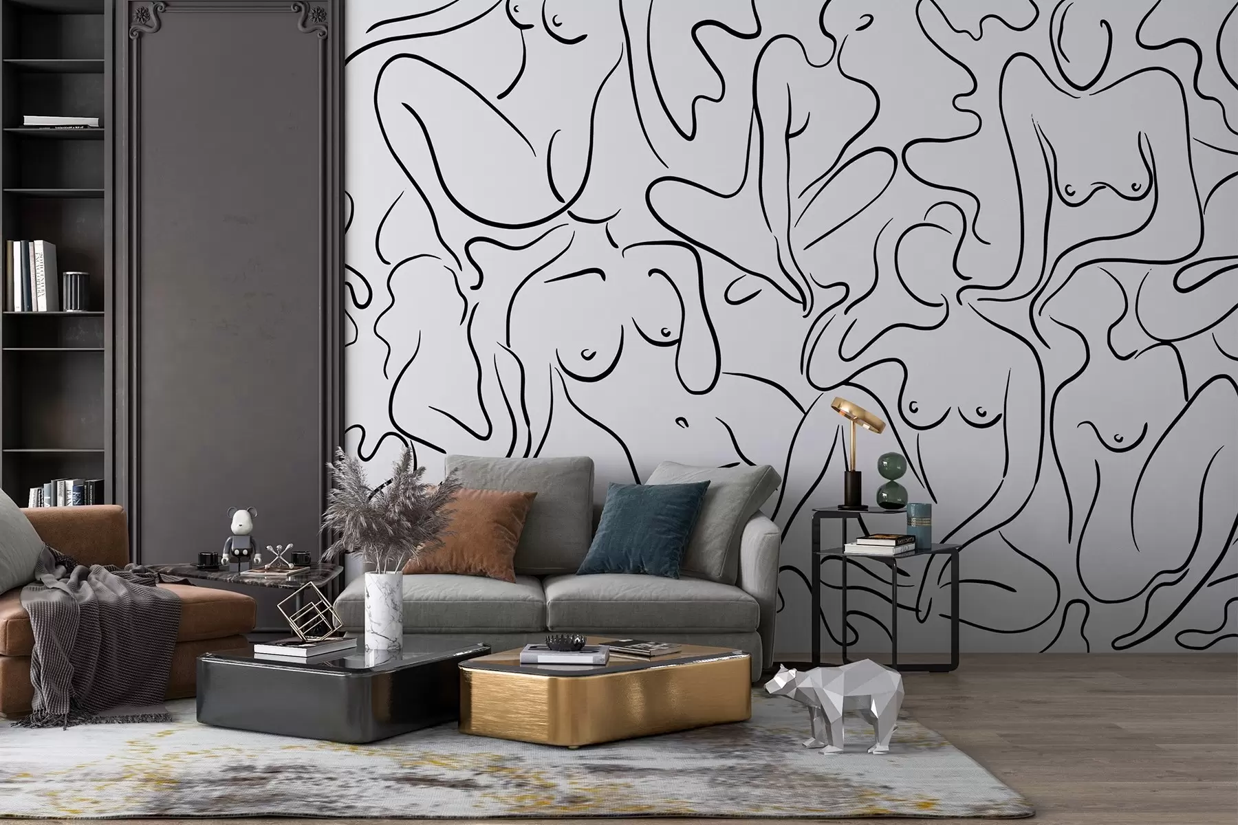 wall murals Цртање линија силуета женских тела, апстракција, црна боја w03755