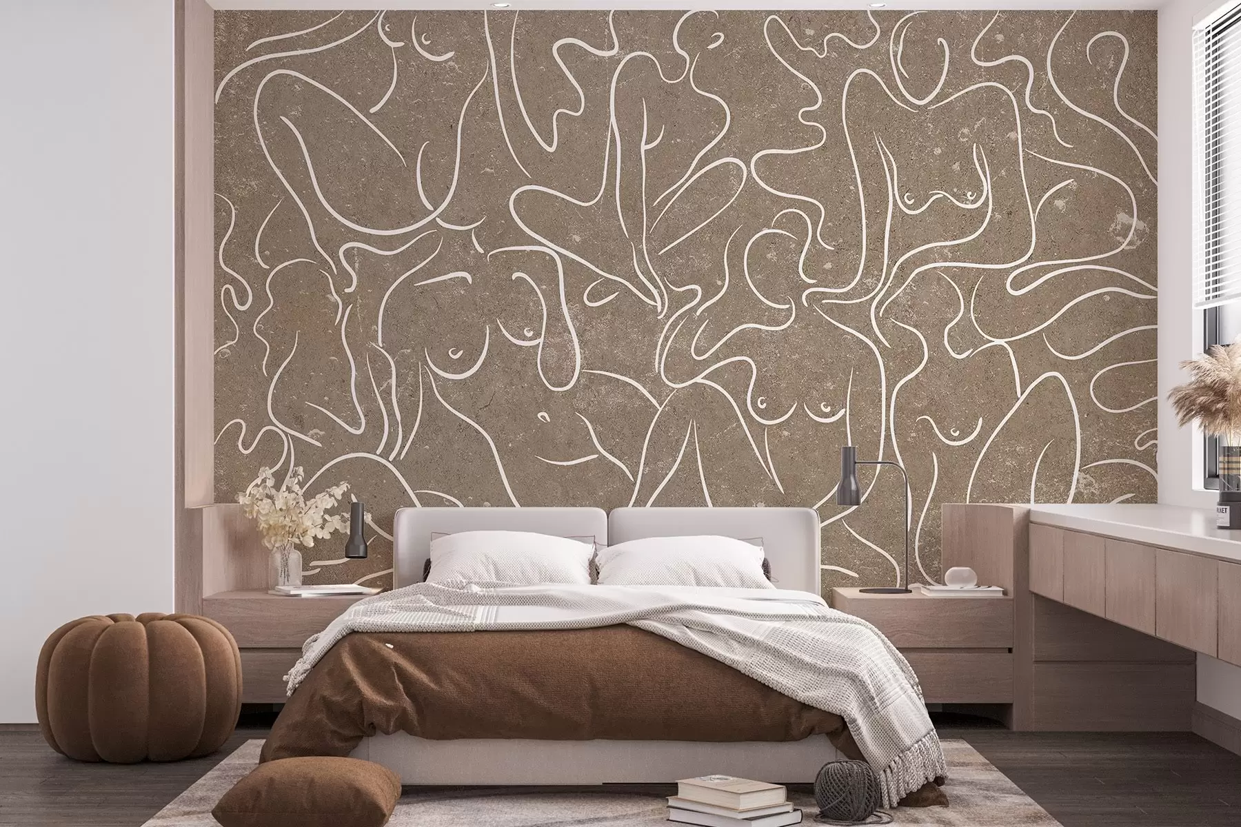 wall murals Цртање линија анатомске силуете, апстракција, беж позадина  w03756