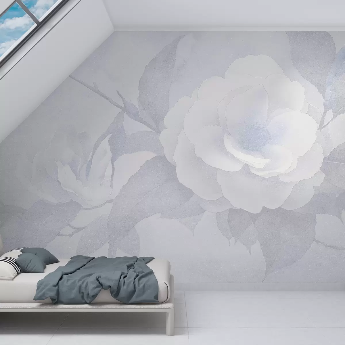 wall murals Меки пастел са цветовима камелије на грани, плаве боје w03760v1