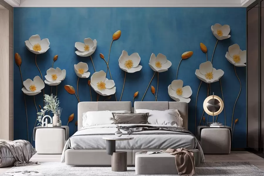wall murals Бело цвеће са жутим средиштима на плавој позадини w03800