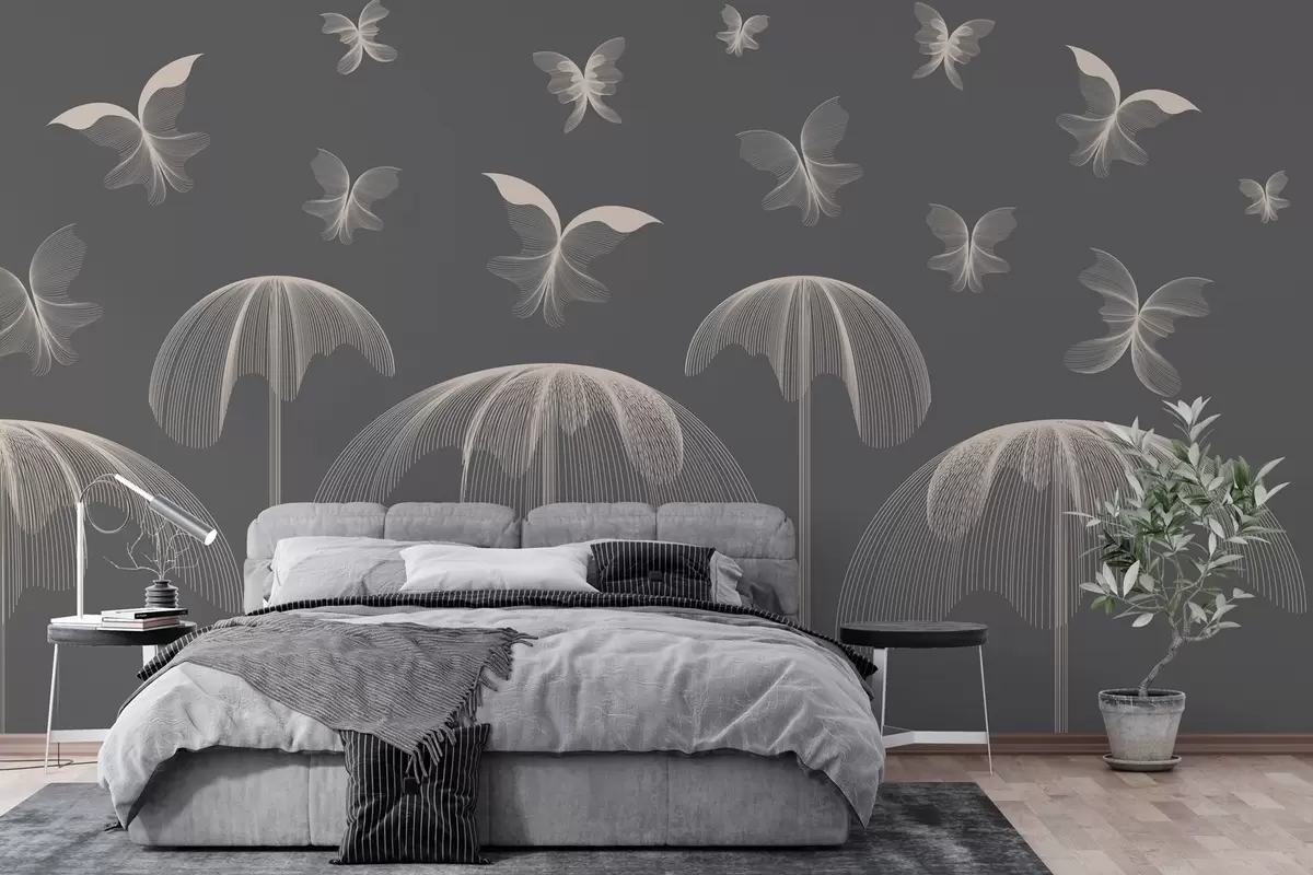 wall murals минималистички линеарни лептири и фонтане на тамно сивој позадини w03762v1