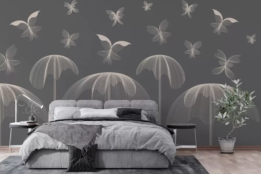 wall murals минималистички линеарни лептири и фонтане на тамно сивој позадини w03762v1