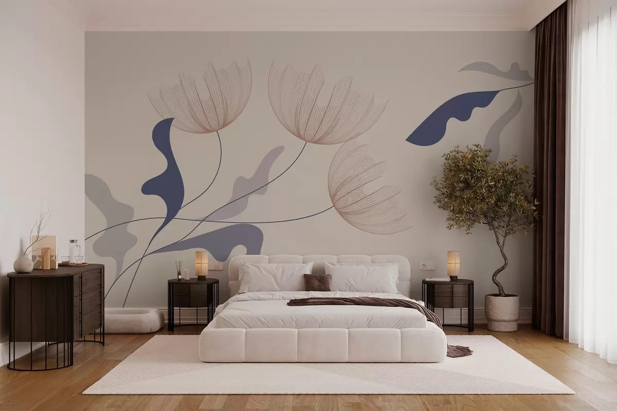 wall murals елегантно минималистичко цвеће у плавим тоновима на беж позадини w03763
