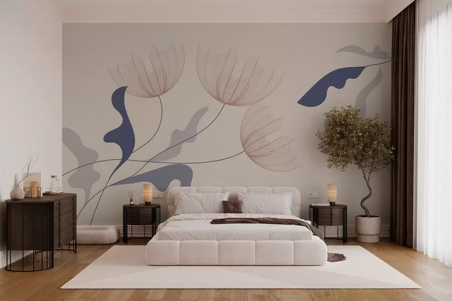 wall murals елегантно минималистичко цвеће у плавим тоновима на беж позадини w03763