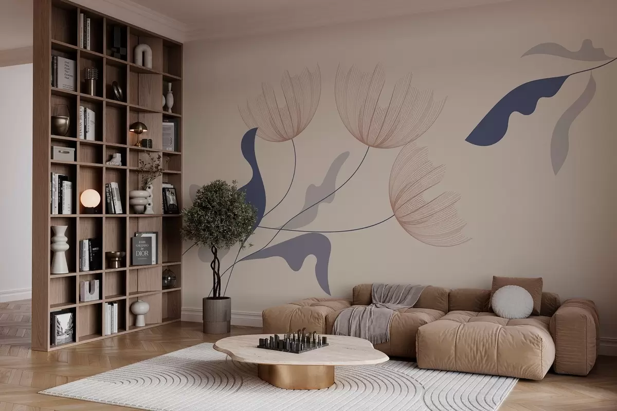 wall murals елегантно минималистичко цвеће у плавим тоновима на беж позадини w03763