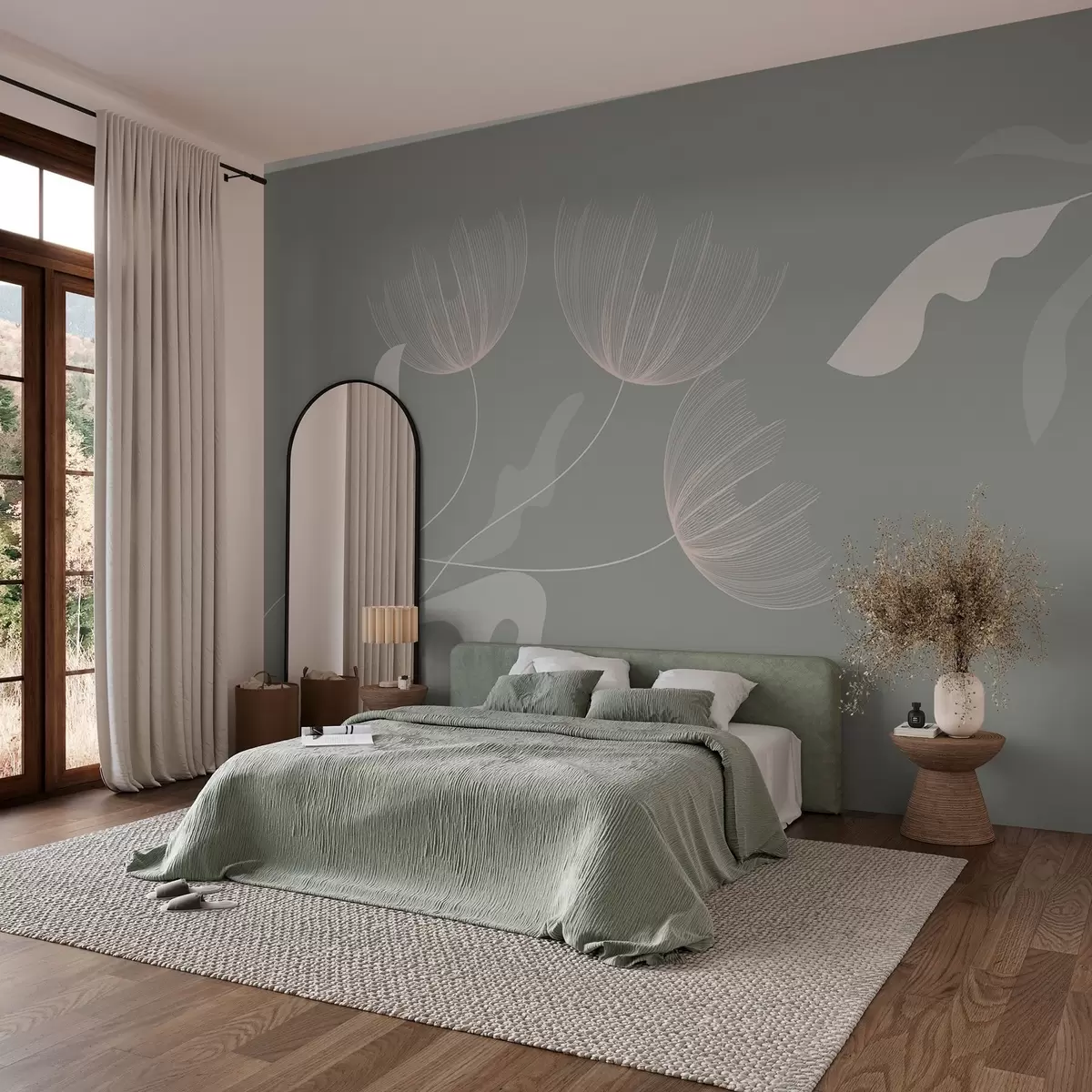 wall murals елегантно минималистичко цвеће у зеленим тоновима на беж позадини w03763v2
