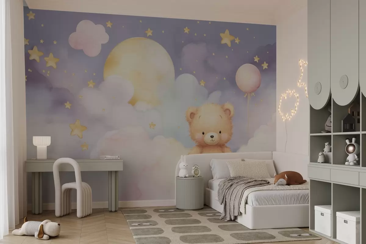 wall murals Слатки медвед на облаку са месецом и звездама w03864