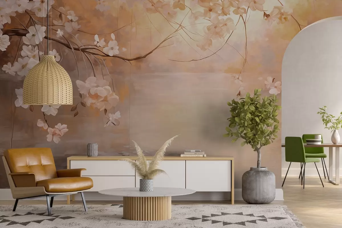 wall murals Апстрактна пејзажна уметност са цветном граном и белим цвећем који виси изнад језера, нежне пастелне боје w09046