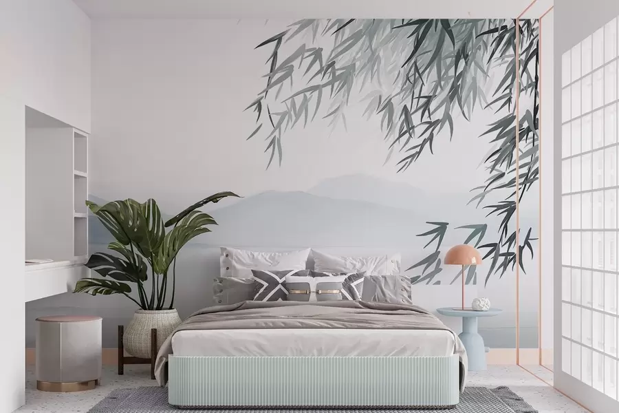 wall murals Бамбусово лишће виси изнад језера са планинама у позадини, нежни плави и бели тонови, стил сликања тушем w09048