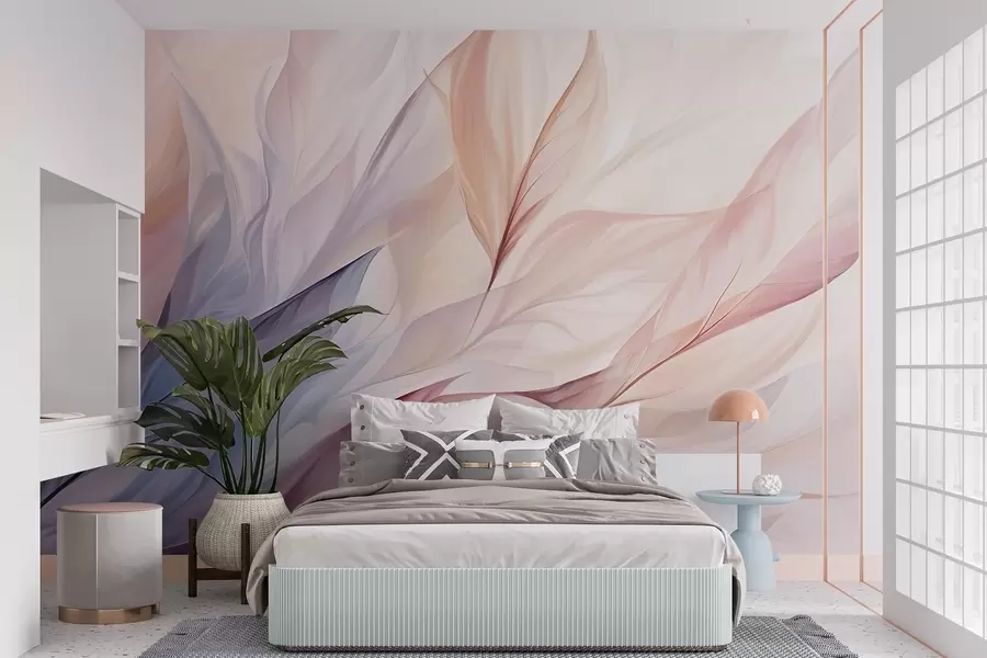 wall murals Апстрактни цветни дизајн са лепршавим латицама у пастелним нијансама розе, брескве и плаве, стварајући меку и сањиву композицију w09049