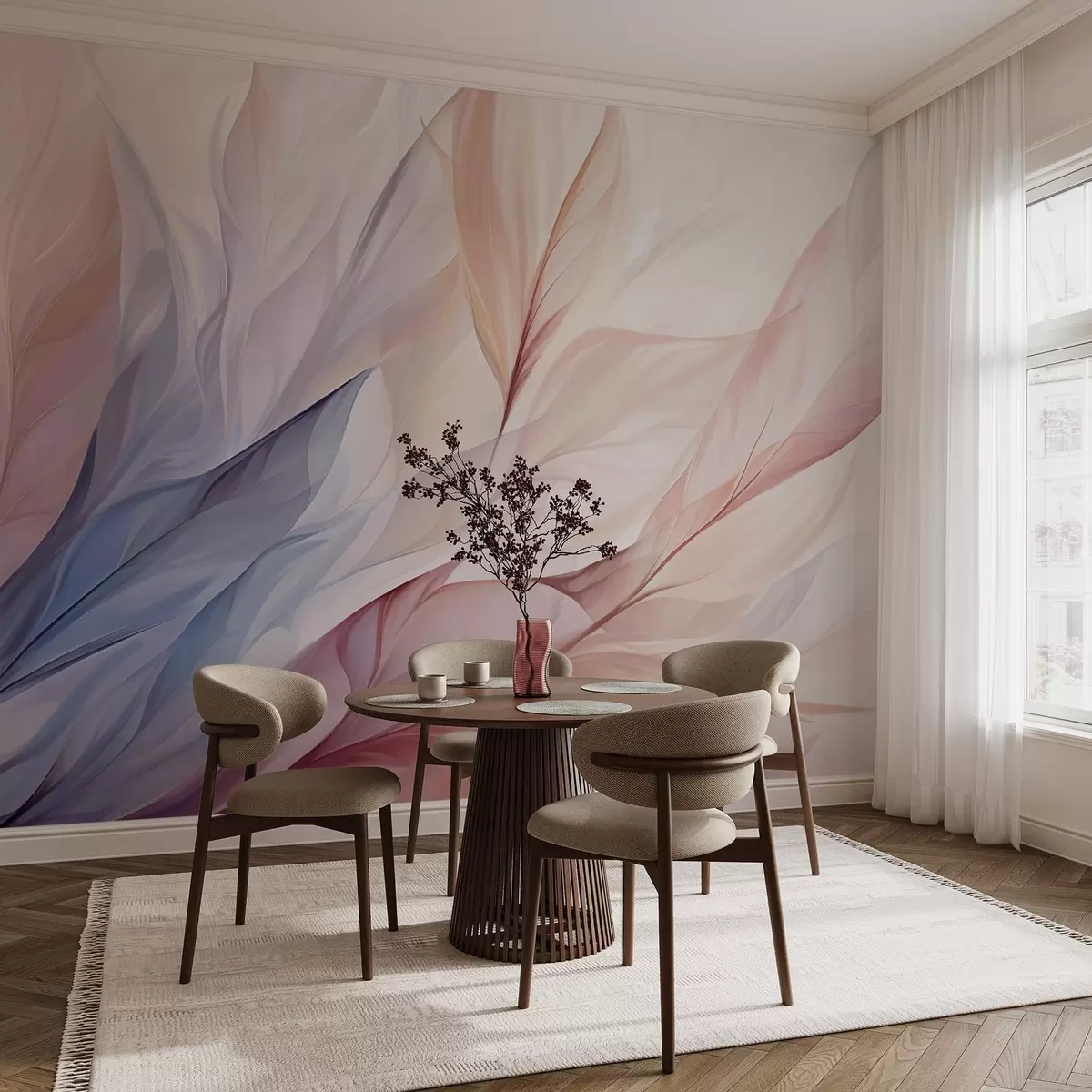 wall murals Апстрактни цветни дизајн са лепршавим латицама у пастелним нијансама розе, брескве и плаве, стварајући меку и сањиву композицију w09049