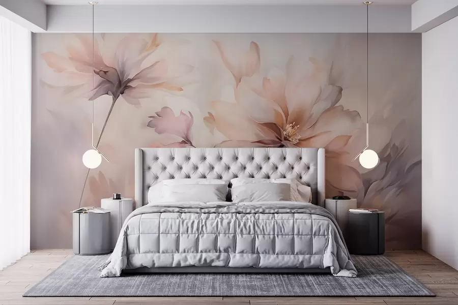 wall murals Деликатна цветна уметност са великим цветовима пастелних боја са прозирним латицама, меким стабљикама и нежном дифузном позадином  w09050