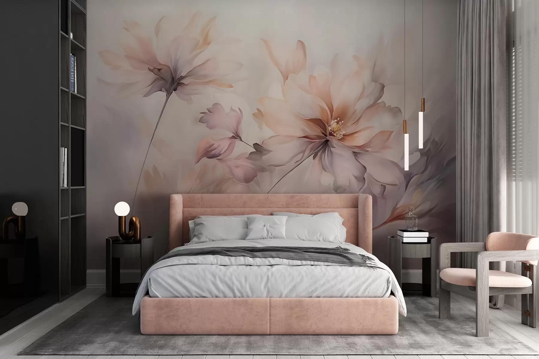 wall murals Деликатна цветна уметност са великим цветовима пастелних боја са прозирним латицама, меким стабљикама и нежном дифузном позадином  w09050