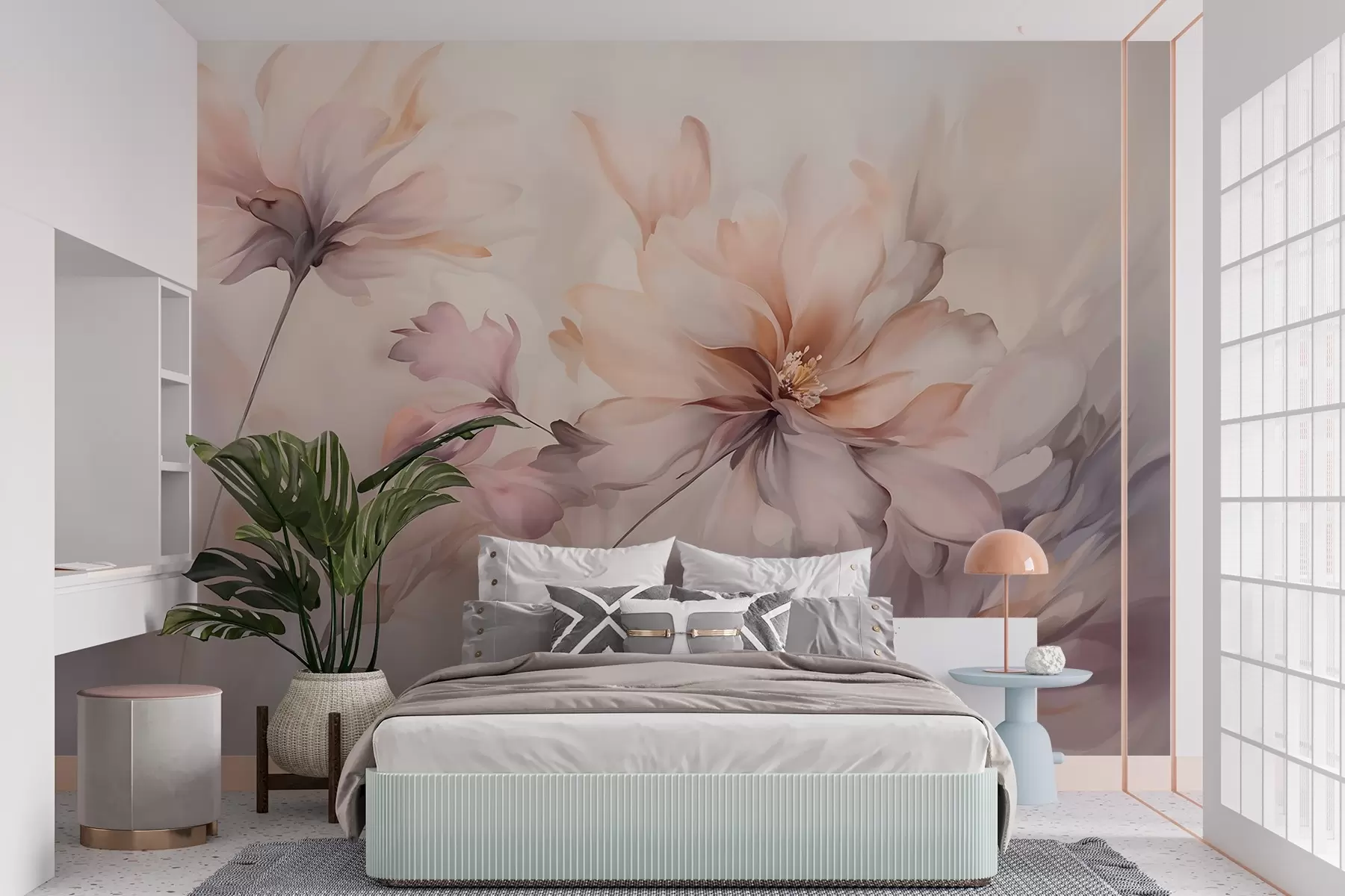wall murals Деликатна цветна уметност са великим цветовима пастелних боја са прозирним латицама, меким стабљикама и нежном дифузном позадином  w09050