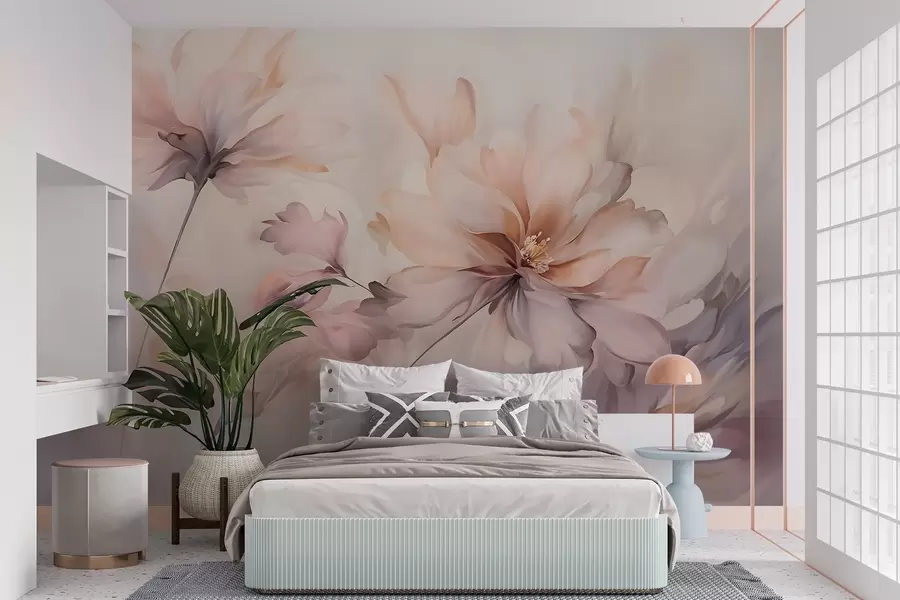 wall murals Деликатна цветна уметност са великим цветовима пастелних боја са прозирним латицама, меким стабљикама и нежном дифузном позадином  w09050