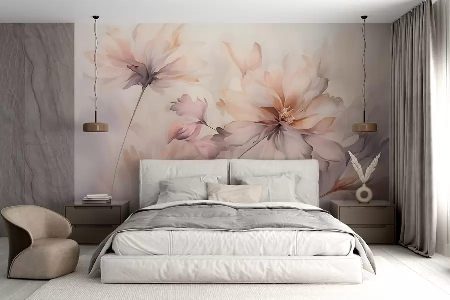 wall murals Деликатна цветна уметност са великим цветовима пастелних боја са прозирним латицама, меким стабљикама и нежном дифузном позадином  w09050