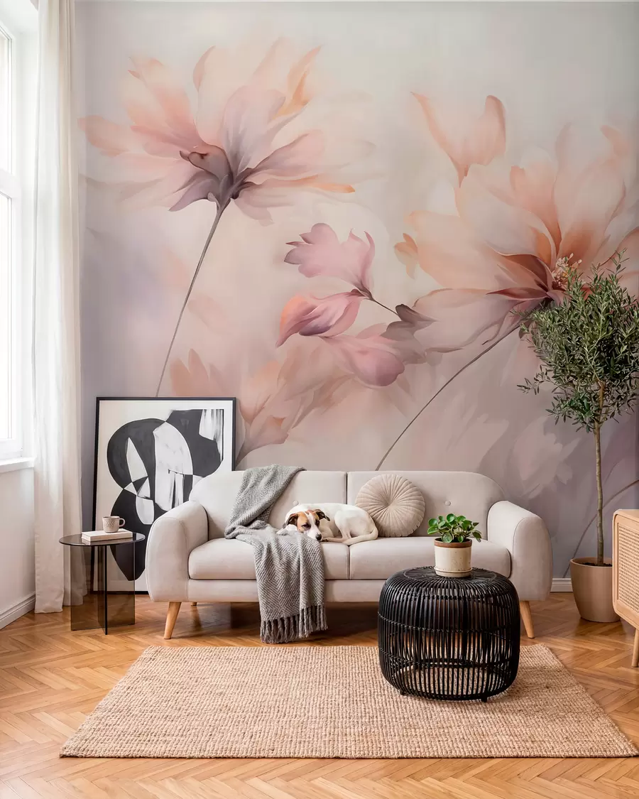 wall murals Деликатна цветна уметност са великим цветовима пастелних боја са прозирним латицама, меким стабљикама и нежном дифузном позадином  w09050