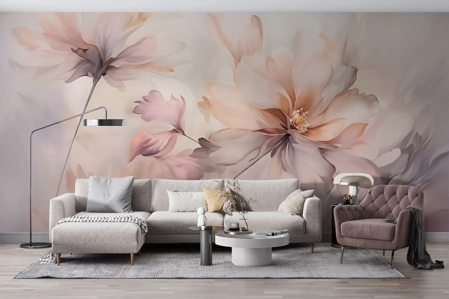 wall murals Деликатна цветна уметност са великим цветовима пастелних боја са прозирним латицама, меким стабљикама и нежном дифузном позадином  w09050