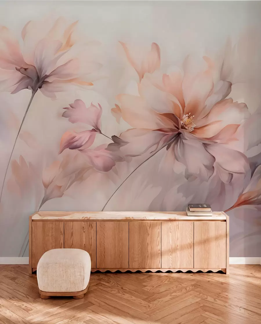 wall murals Деликатна цветна уметност са великим цветовима пастелних боја са прозирним латицама, меким стабљикама и нежном дифузном позадином  w09050