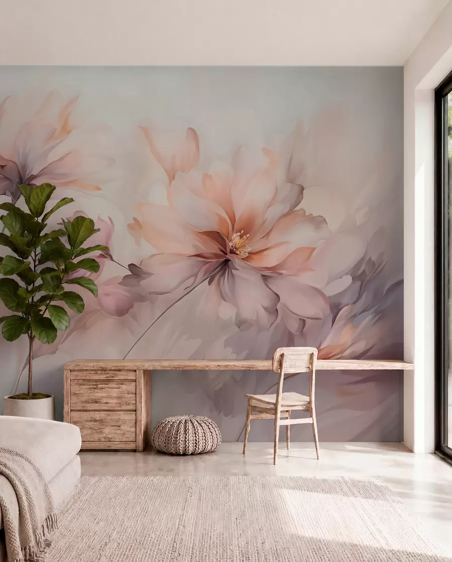 wall murals Деликатна цветна уметност са великим цветовима пастелних боја са прозирним латицама, меким стабљикама и нежном дифузном позадином  w09050