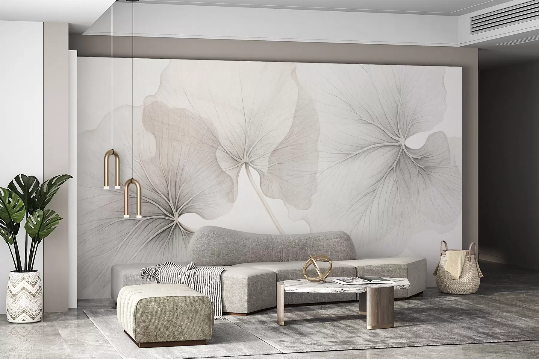 wall murals Три провидна листа са видљивим венама, са текстуром буке која се благо преклапа, са танким стабљикама на белој позадини w09052