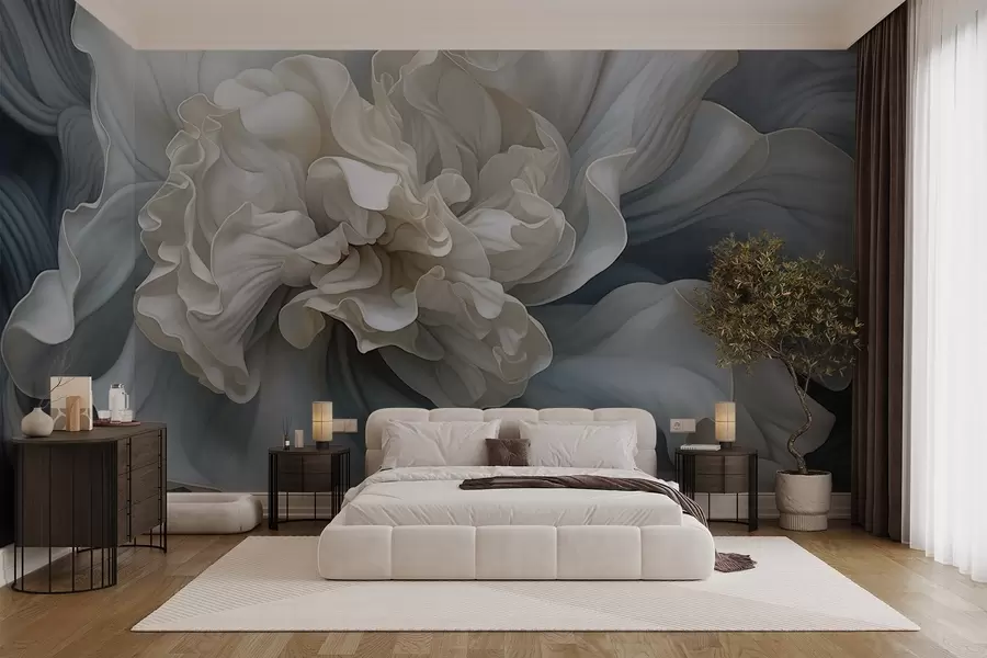 wall murals Апстрактни велики украсни цвет са много латица, мекан и нежан, са плавим и сивим нијансама у позадини w09055