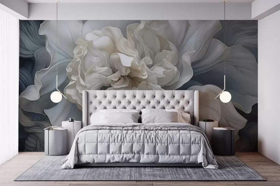 wall murals Апстрактни велики украсни цвет са много латица, мекан и нежан, са плавим и сивим нијансама у позадини w09055