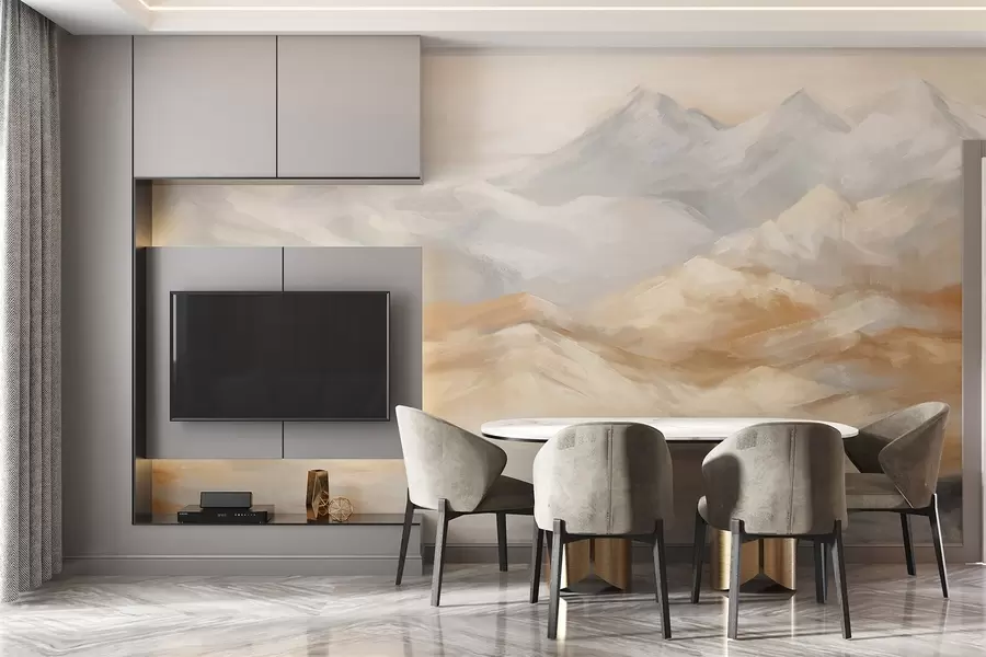 wall murals Текстурирано пејзажно сликање планина са језером у првом плану, у нијансама беле, сиве и браон w09057
