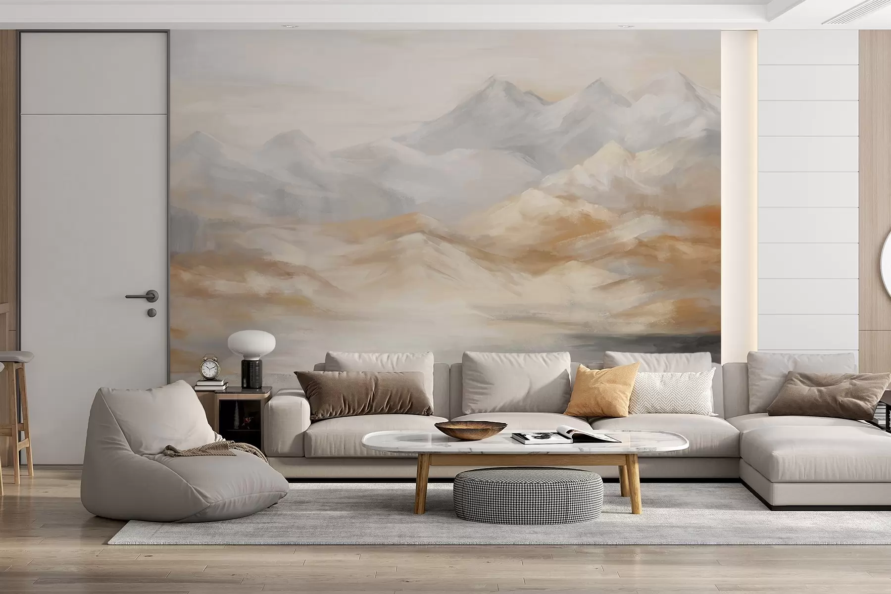 wall murals Текстурирано пејзажно сликање планина са језером у првом плану, у нијансама беле, сиве и браон w09057
