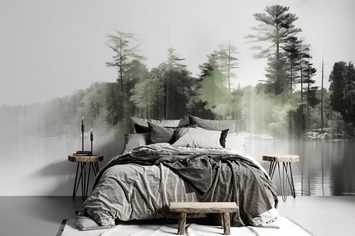 wall murals Апстрактни минималистички текстурирани пејзаж са језером и одсјајима дрвећа у води у зеленим и белим нијансама w09058
