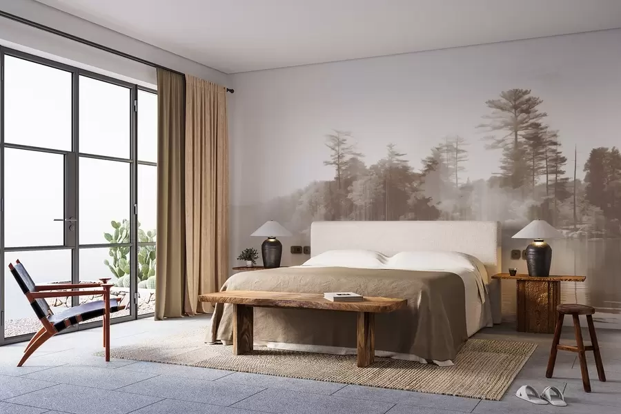 wall murals Апстрактни минималистички текстурирани пејзаж са језером и одсјајима дрвећа у води у беж и белим нијансама w09058v1