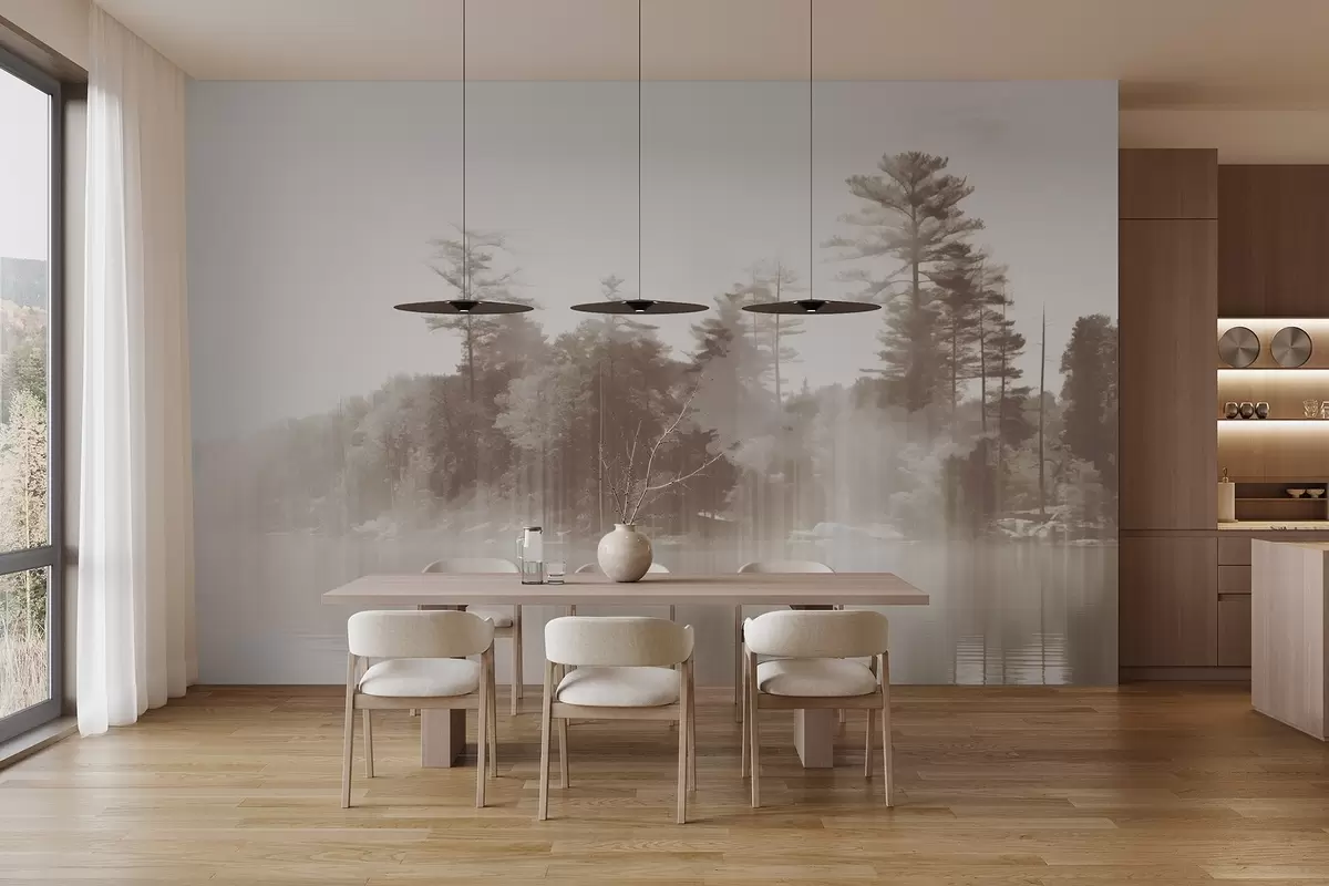 wall murals Апстрактни минималистички текстурирани пејзаж са језером и одсјајима дрвећа у води у беж и белим нијансама w09058v1
