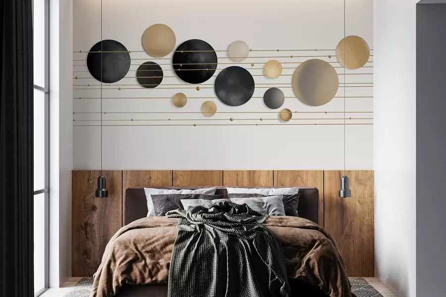 wall murals Апстрактни модеран дизајн са текстурираним круговима у белим, жутим и сивим тоновима, повезаним танким линијама, минималистичка уметност  w09060