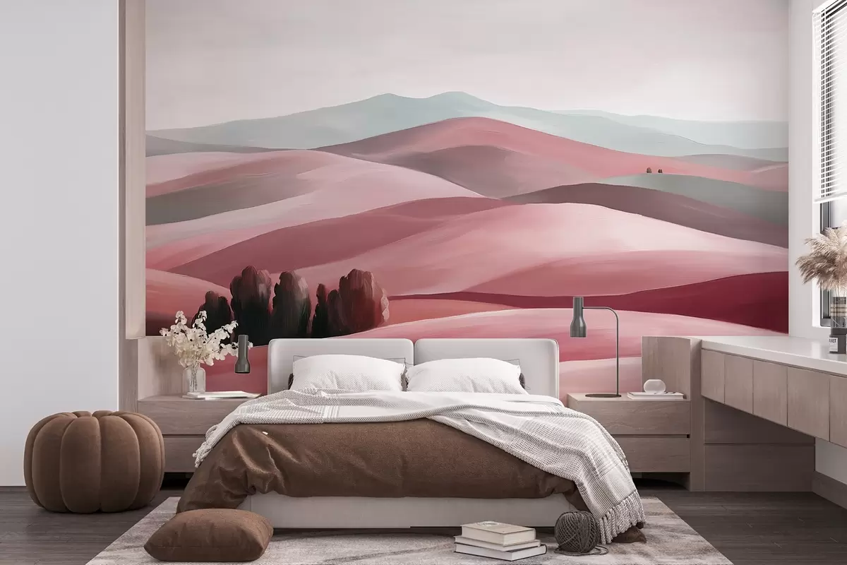 wall murals Пејзажи са дрвећем, Тоскана, розе боје, уљни стил w03880v2
