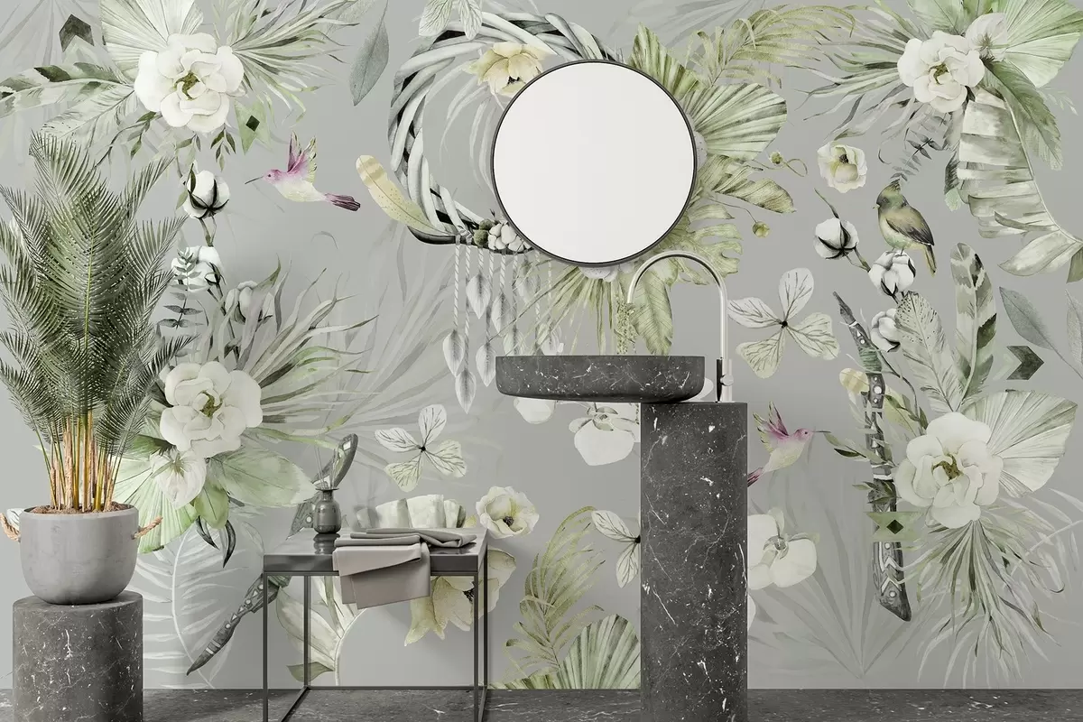 wall murals Орнамент у бохо стилу са цветовима божура и птицама, стил акварела, зелене боје w03885v2