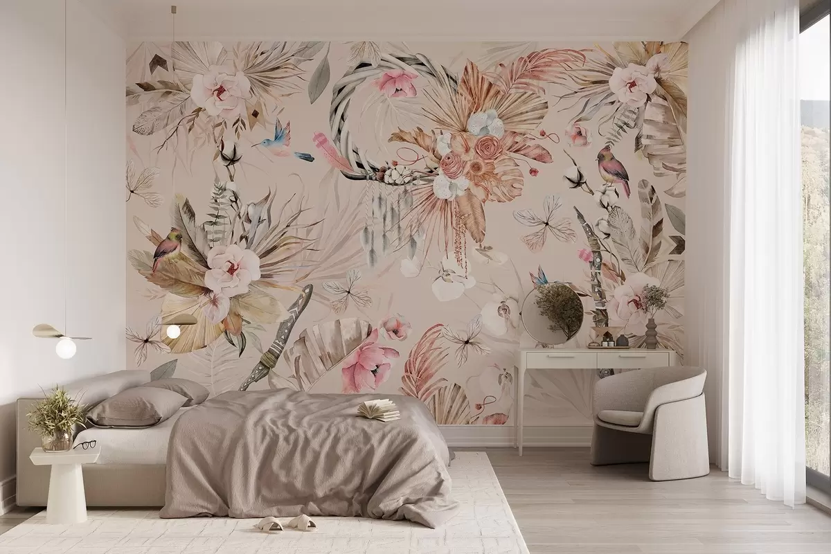 wall murals Орнамент у бохо стилу са цветовима и птицама божура, акварел стил, нежне боје w03885v3