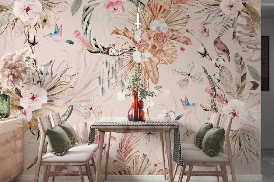 wall murals Орнамент у бохо стилу са цветовима и птицама божура, акварел стил, нежне боје w03885v3