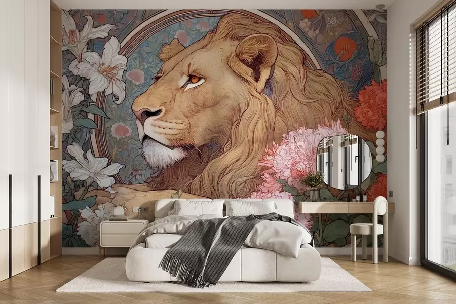 wall murals Лав окружен мноштвом цвећа у стилу Алпхонса Мухе w09073