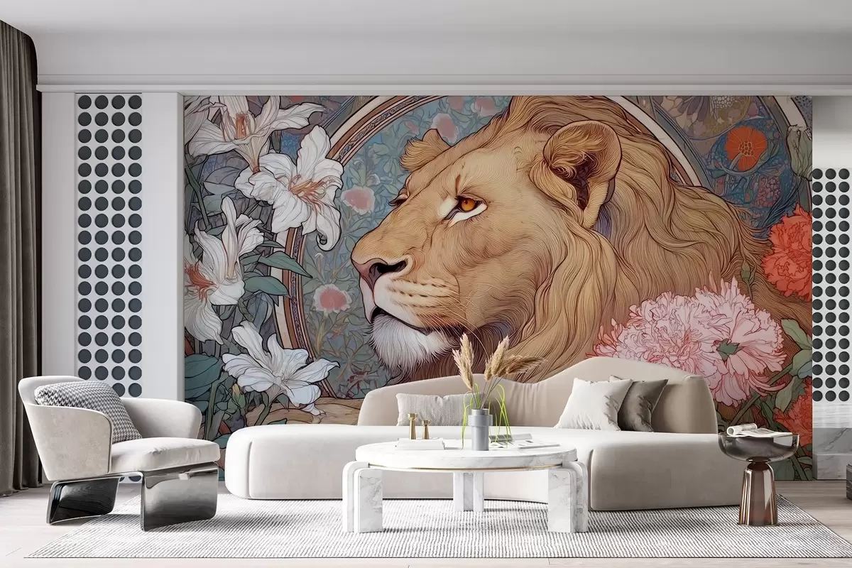 wall murals Лав окружен мноштвом цвећа у стилу Алпхонса Мухе w09073