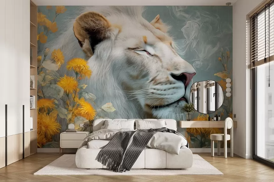 wall murals Бели лав окружен жутим цвећем и димом w09080