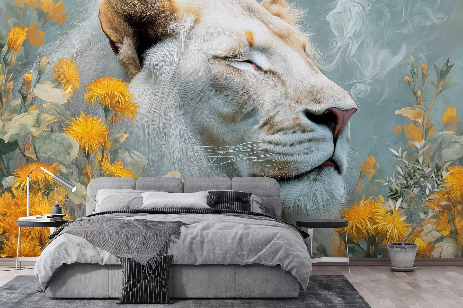 wall murals Бели лав окружен жутим цвећем и димом w09080