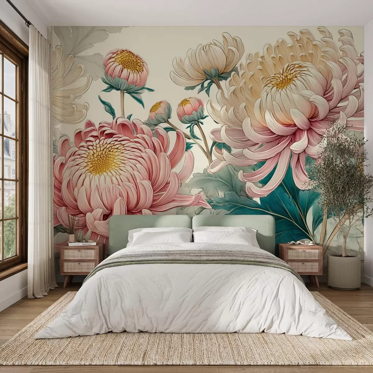 wall murals Замршено сликање белих и ружичастих хризантема w09081