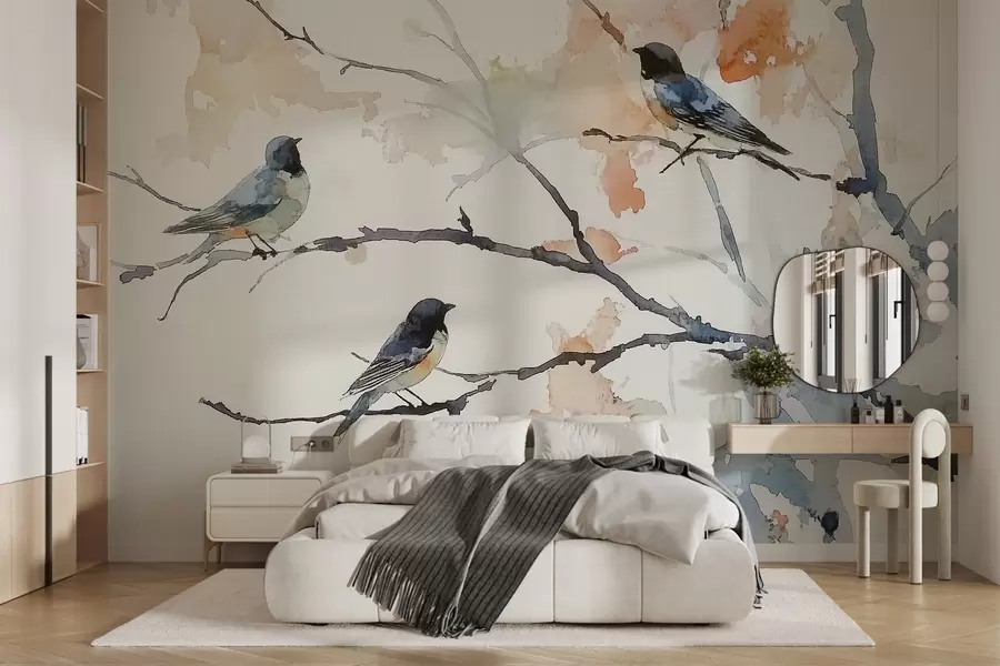 wall murals Птице на гранама дрвећа у стилу акварела w09064