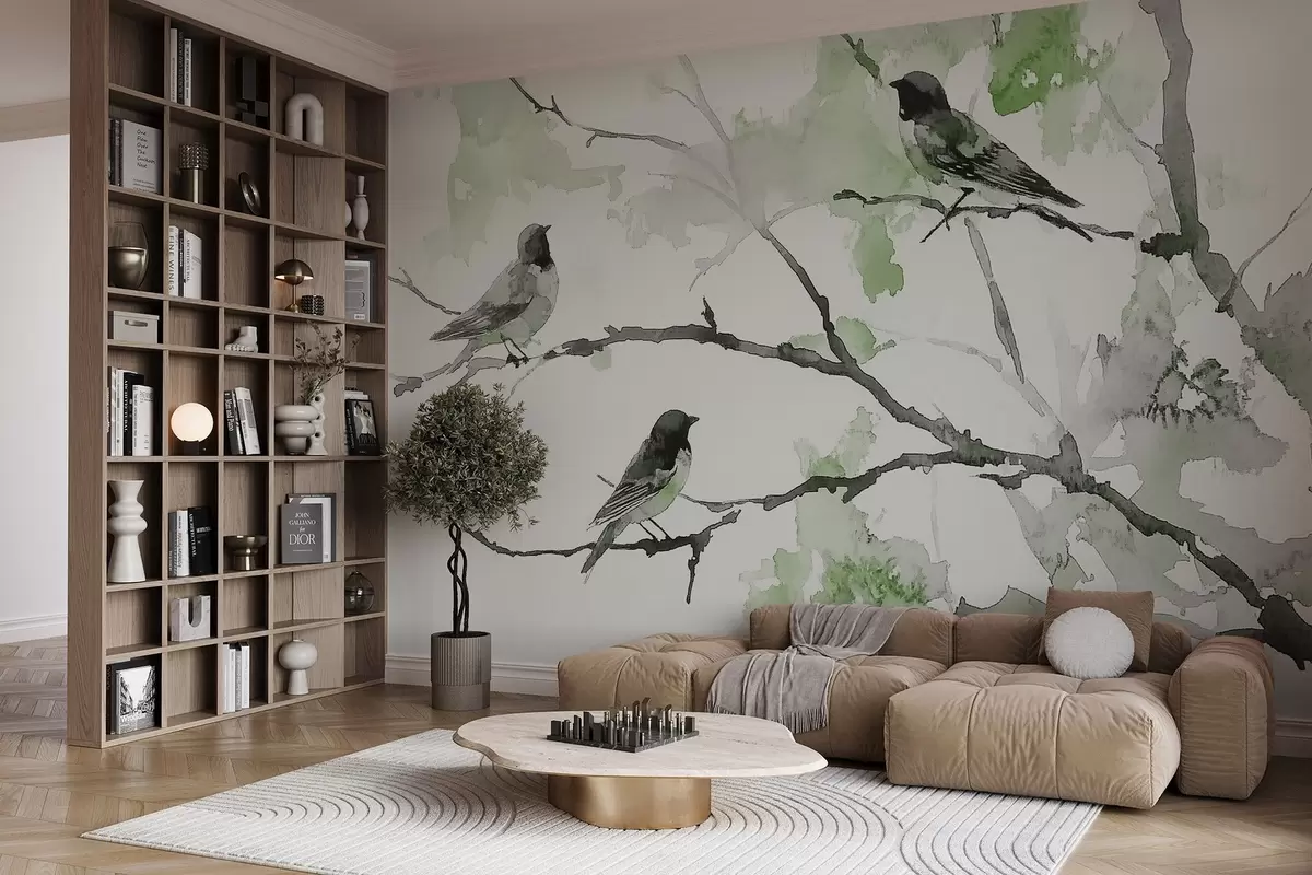 wall murals Птице на гранама дрвећа у стилу акварела w09064v3